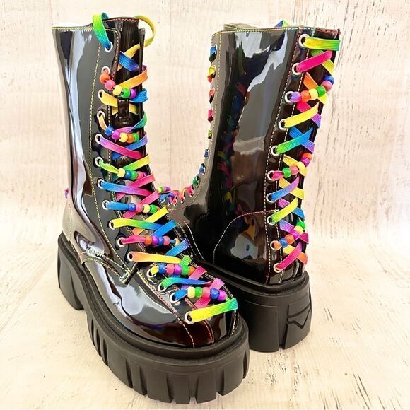 NIB Club Exx rainbow Neon festival beaded pride combat boots Sz 8 sold out - Picture 1 of 8